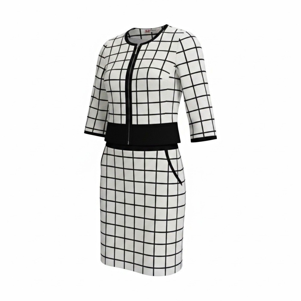 White House Black Market 2pc Check Jacket & Skirt Set Zip, Black/White, 4